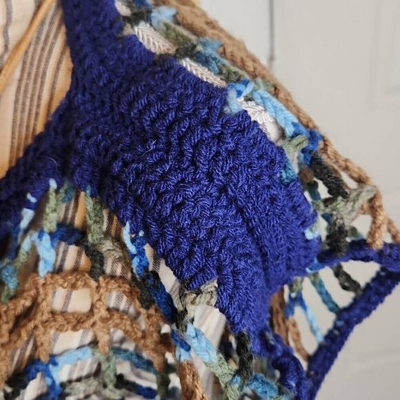 Handmade crochet knit blue open sweater women's size S/M with tan crossbody - Picture 4 of 9